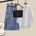 Women's Clothing New Style Temperament Versatile Shirt Suspenders Denim Skirt Fashion Three Piece Suit_ecoleips.com