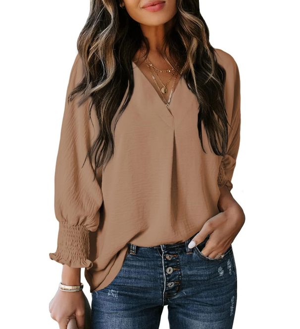 Women's V Neck Long Sleeve Loose Shirt Casual Blouse Top American Style Autumn Winter New_ecoleips.com