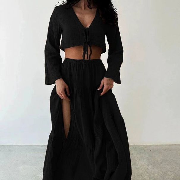 Women's Clothing Solid Color Summer Fashion Cardigan V Neck Lace Up High Slit Cotton And Linen Two Piece Skirt_ecoleips.com