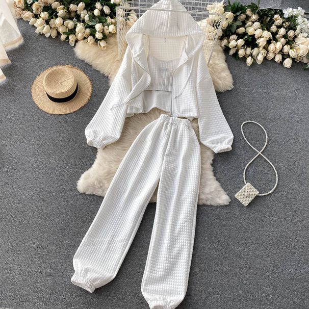 Women’s Clothing Three Piece Zipper Sports Jacket With Loose Hood And Street Suit With Suspenders And Casual Pants Set Three Piece Sports Suit_ecoleips.com