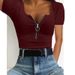 Women's Short Sleeve T-Shirt With Ribbed Zipper Detail – Stylish Casual Summer Top For Work & Leisure – Slim Fit Round Neck Tee In White & Gray_ecoleips.com