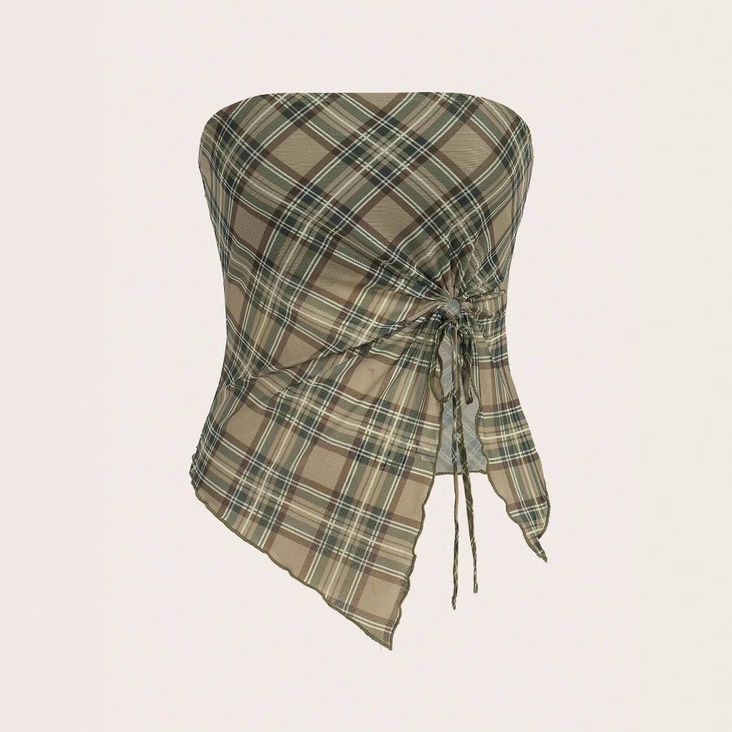 Sexy Y2K Retro Plaid Print Strapless Top Knotted Front Twisted Green European American Style Women's Clothing Wholesale_ecoleips.com