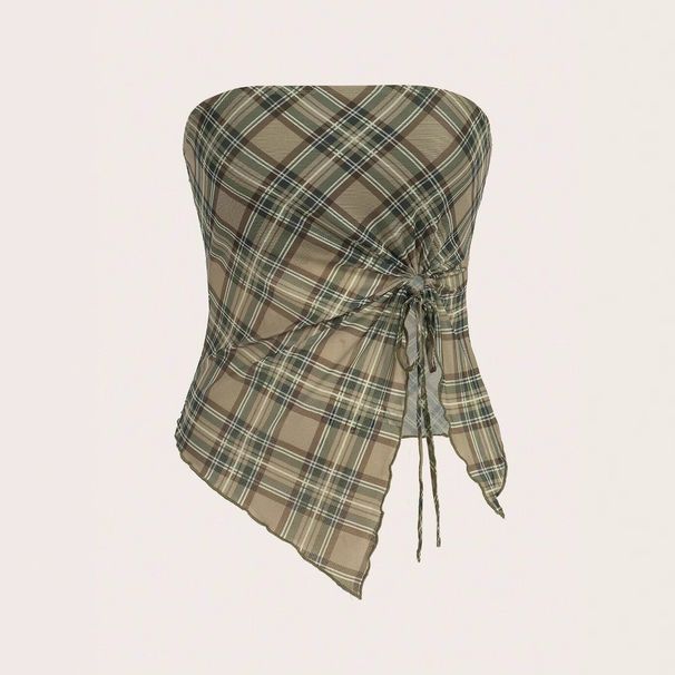 Sexy Y2K Retro Plaid Print Strapless Top Knotted Front Twisted Green European American Style Women's Clothing Wholesale_ecoleips.com