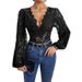 Women's Long Sleeve Lace Jumpsuit – Elegant V-Neck Romper With Sheer Mesh Panels (Black, S-XL)_ecoleips.com