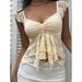 Women's Y2K Semi-Sheer Lace-Shirt/Heart Neckline & Cap Sleeves/Blouse-Compatible Solid Color Stretch Blouse/Suitable_ecoleips.com