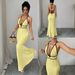 Haltered Neck Suspender Texture Color Block Trim Deep V Backless Tie up Bodycon Fishtail Long Dress for Women European And American Style_ecoleips.com