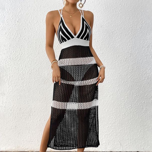 Women's Clothing Long Skirt Deep V Contrast Color Stitching Suspender Skirt Strap Slim Dress Beach Blouse_ecoleips.com