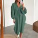 Casual Life Solid Color Pocket V Neck Long Sleeve Dress Solid Color Long Skirt Wholesale_ecoleips.com
