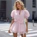 TARUXY Waist-Cinching 3D Flowers Ruched Dress Women's Solid Sexy Round Neck Lace Up Puff Sleeves High-Waisted Dress 2026 Summer_ecoleips.com