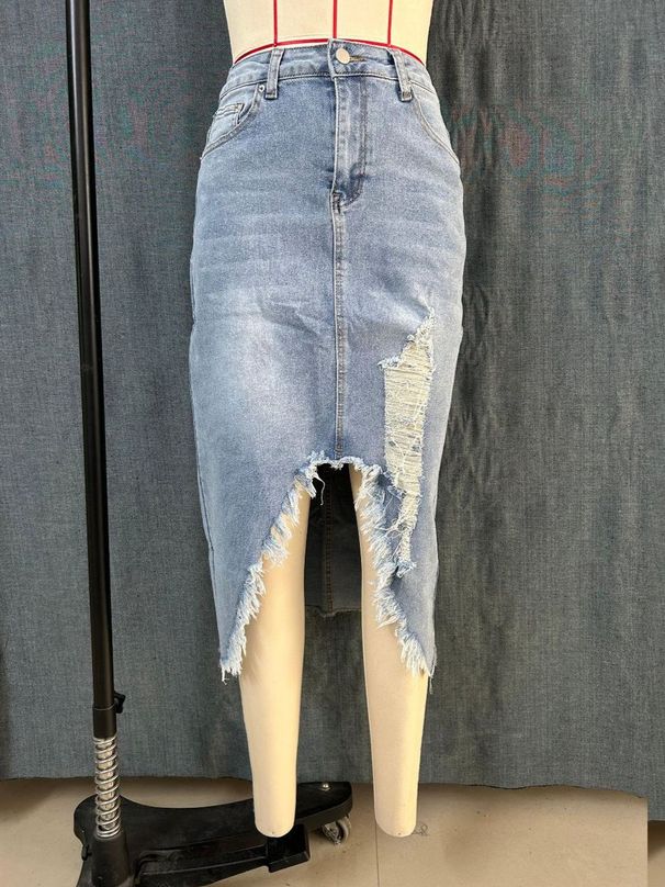 K Women's Half Skirt Denim Stretch Casual Distressed Simple Retro_ecoleips.com