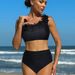 Aria Basics Foreign Trade Three-dimensional Floral Solid Black One-shoulder High-waisted Tummy-covering Two-piece Bikini Swimsuit_ecoleips.com