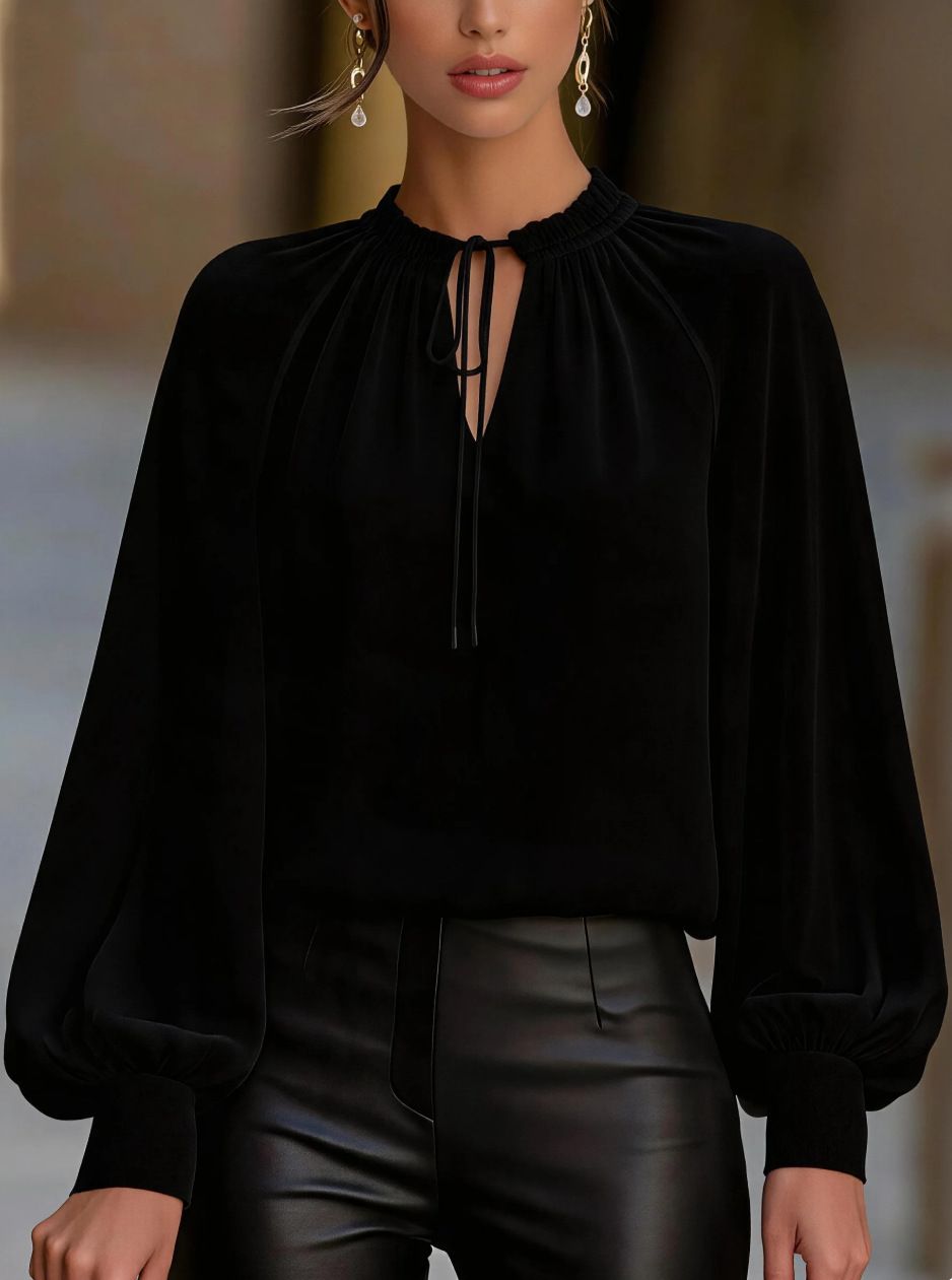 French Style Lantern Sleeve Blouse For Women - Elegant Tie Detail Office Shirt, Chic Ruffle Cuff Pullover Top_ecoleips.com
