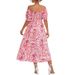 Women's Sweet Off Shoulder Floral Print Short Sleeve Midi Dress – Smocked Waist Casual Boho Summer Gown 2026_ecoleips.com