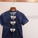 SP Home Women's Denim Dress - Short Sleeve Round Neck With Bow & Pocket, Spring Summer Casual Dress_ecoleips.com