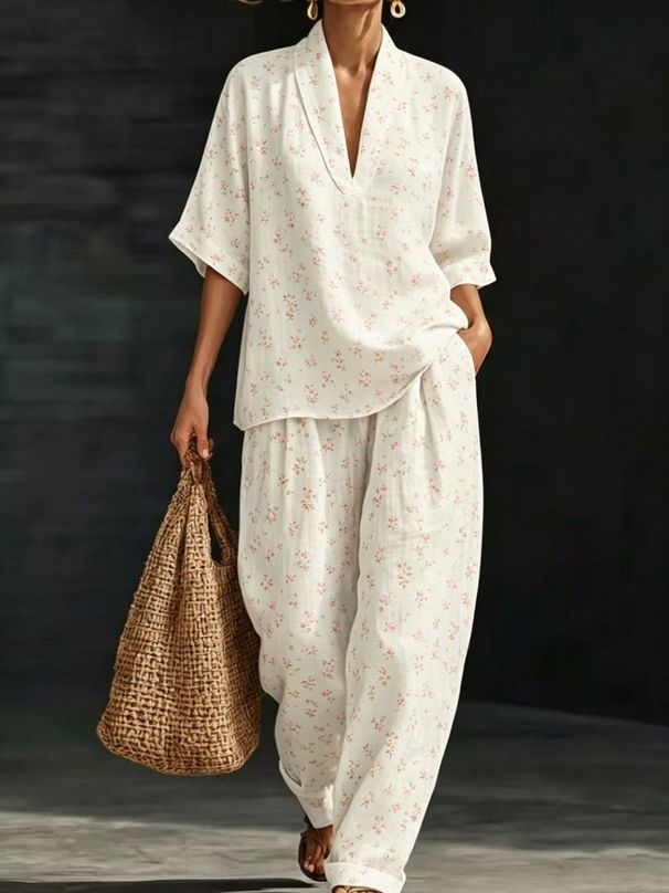Summer Women's Suit Set V Neck mid Sleeve Wide Leg Pants Loose Relaxed Style Two Piece Cross Border E Commerce_ecoleips.com