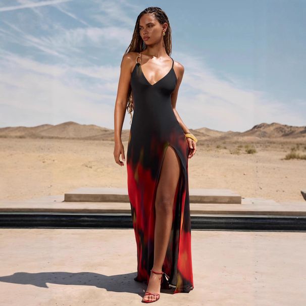 Women's High Slit Halter Backless Floral Print Maxi Dress – Casual Beach Resort Party Gown_ecoleips.com