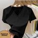 Women's Style Ribbed V Neck T Shirt Short Sleeved Summer Wear Slim Fit Fashionable Alluring Revealing Collarbone Trendy New Style_ecoleips.com