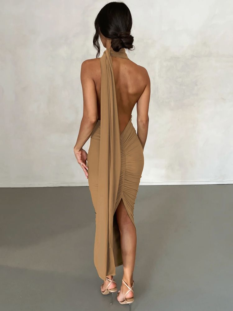 Hugcitar V Neck Backless Adjustable Straps Solid Bandage Draped Slit Sexy Maxi Dress Summer Women Elegant Birthday Party Outfit_ecoleips.com
