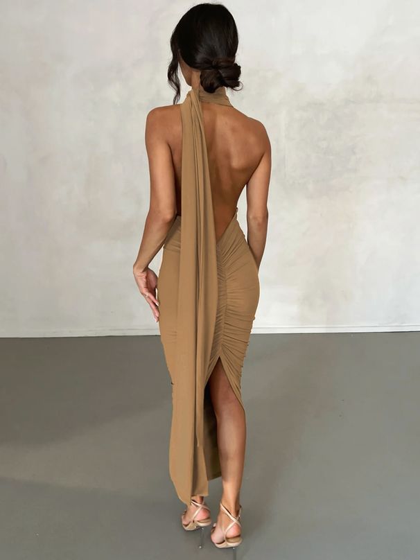 Hugcitar V Neck Backless Adjustable Straps Solid Bandage Draped Slit Sexy Maxi Dress Summer Women Elegant Birthday Party Outfit_ecoleips.com