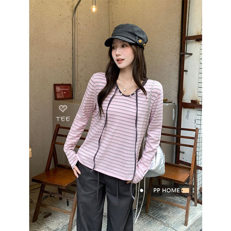 Korean-Style Striped Round-Neck Long-Sleeved T-Shirt For Women's Autumn Loose, Laid-Back And Slimming Knitted Base Layer_ecoleips.com