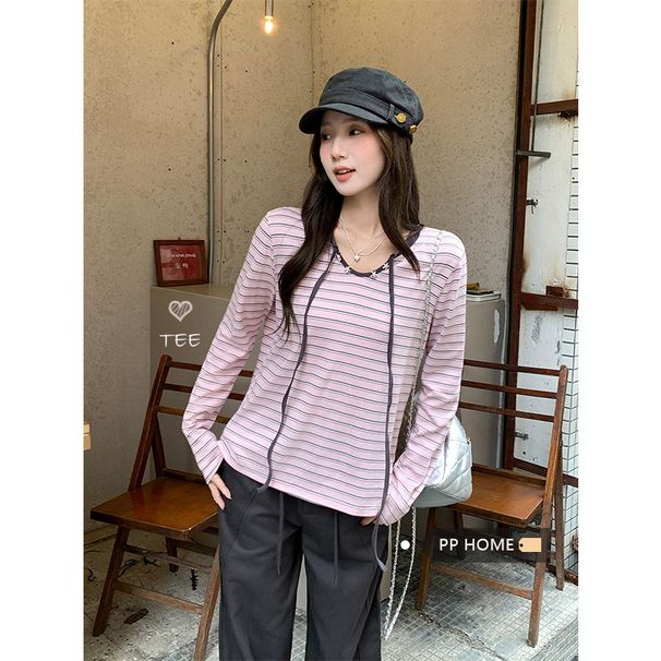 Korean-Style Striped Round-Neck Long-Sleeved T-Shirt For Women's Autumn Loose, Laid-Back And Slimming Knitted Base Layer_ecoleips.com