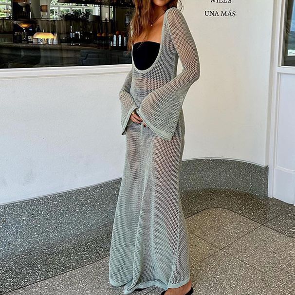 Women's Clothing Sexy Long Solid Color Perspective New Long Sleeve Floor Length Dress Beach Dress_ecoleips.com