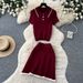 Preppy Style Women's Polo Collar Knit Two Piece Set Slimming Short Sleeve Top Elegant Skirt Set for Summer Commuting_ecoleips.com