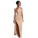 Women's Clothing One Shoulder Gathered Slit Sexy Satin Dress_ecoleips.com