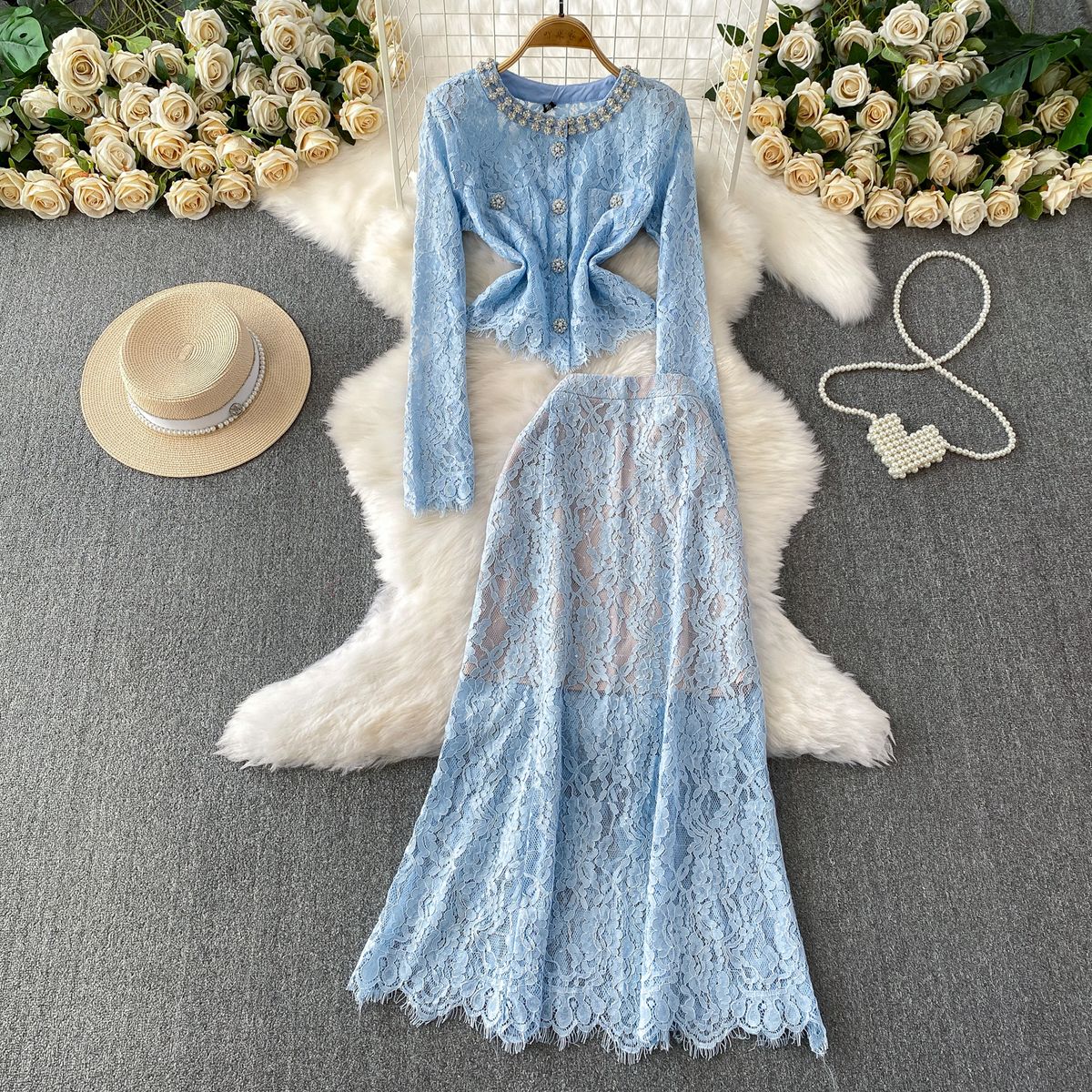 Luxury Lace Shirt for Women with Heavy Rhinestone Embellishments round Neck Elegant Fishtail Design High End Sophisticated_ecoleips.com