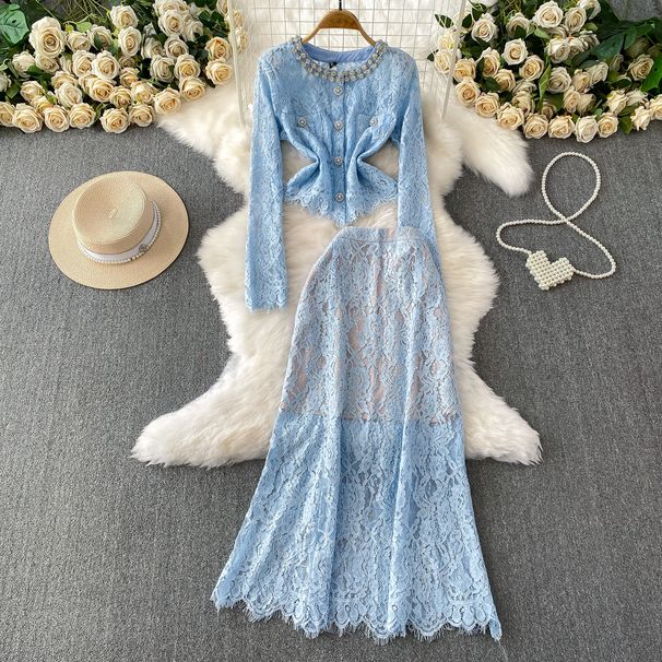 Luxury Lace Shirt for Women with Heavy Rhinestone Embellishments round Neck Elegant Fishtail Design High End Sophisticated_ecoleips.com