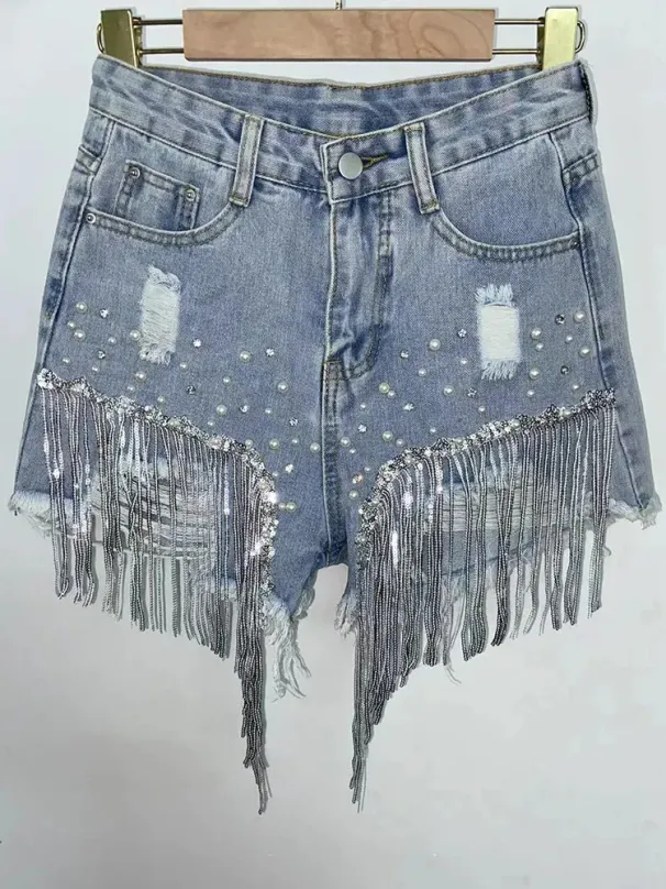 Summer Elegant Tassel Bead High Waist Wide Leg Denim Womens Casual Solid Shorts 240930_ecoleips.com