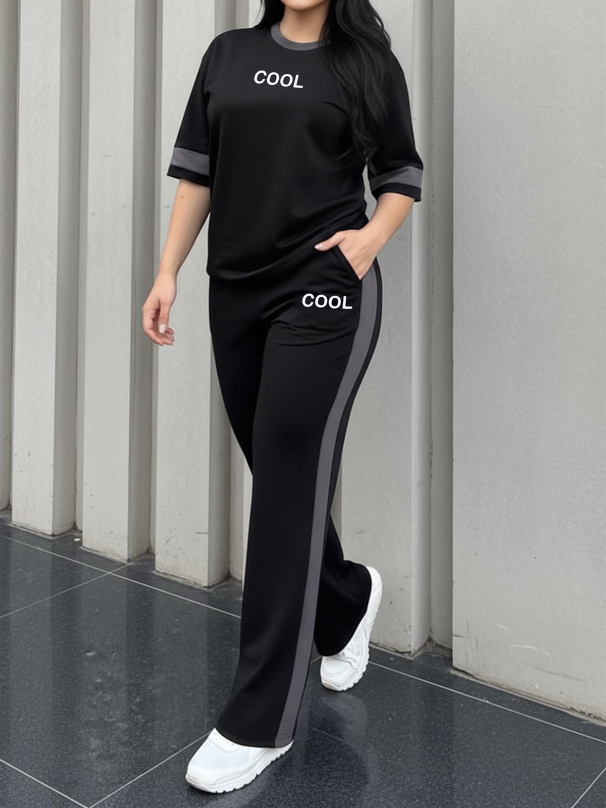 Women's Spring/Summer/Fall Two Piece Set Crew Neck Short Sleeve T-Shirt & Casual Elastic Waist Loose Fitting Trousers_ecoleips.com