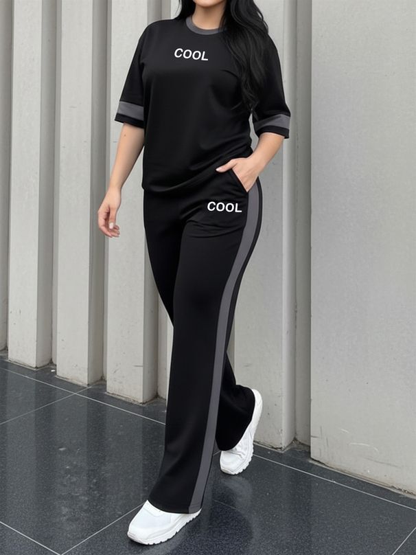 Women's Spring/Summer/Fall Two Piece Set Crew Neck Short Sleeve T-Shirt & Casual Elastic Waist Loose Fitting Trousers_ecoleips.com