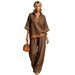 European And American Fashion Women's Casual Color Block Set with Half Zip Linen Top And Straight Leg Pants_ecoleips.com