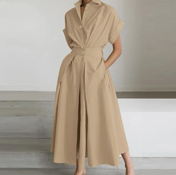 In Stock 2025 Solid Color Cotton-linen Elastic High-waisted Elegant College Style Short-sleeved_ecoleips.com