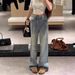Women's Light Blue Flared Jeans With Firework Rhinestone Details – Fleece-Lined Winter Pants, High-Waisted Straight-Leg Denim For A Slimming Look_ecoleips.com