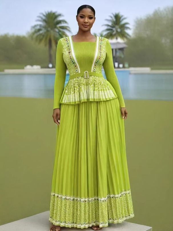 Women's Printed Round Neck Pleated Long Dress Slim Waist Two Piece Set European American Style Casual Fashion New_ecoleips.com