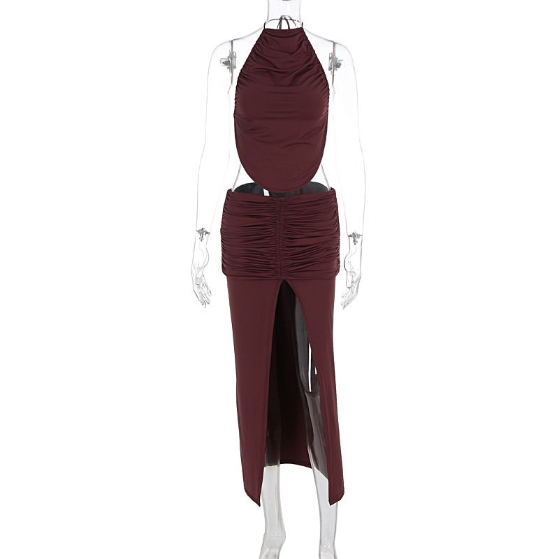 Women Sexy Lace Up Backless Cropped Cami Top Smocked Split Midi Skirt Two Piece Dress Set Summer Outfit_ecoleips.com