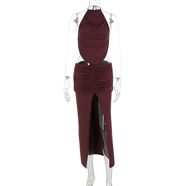 Women Sexy Lace Up Backless Cropped Cami Top Smocked Split Midi Skirt Two Piece Dress Set Summer Outfit_ecoleips.com