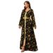 Muslim Abaya Women Fashion V Neck Long Sleeve Printed Dress_ecoleips.com