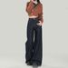 Women's Dark Blue High-Waisted Wide Leg Jeans Relaxed Loose Fitting Straight Leg Floor Length Pants For All Seasons_ecoleips.com