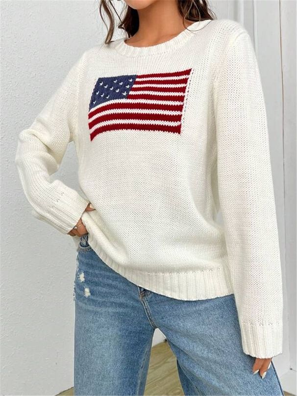 Women's Clothing New Loose Round Neck Flag Pattern Simple Versatile Knitted Sweater_ecoleips.com