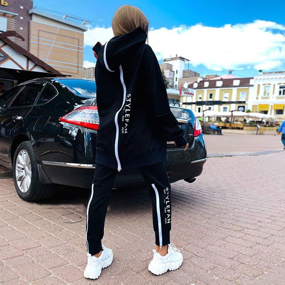 Fashionable Women's Suit Long Zipper Front And Back Letter Print Loose Long Sweatshirt Trousers Suit_ecoleips.com