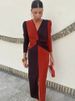 JULISSA MO Patchwork Long Sleeve Slit Women Maxi Dress Green Deep V-neck Ruched Autumn Winter Skinny Elegant Party Evening Dress_ecoleips.com