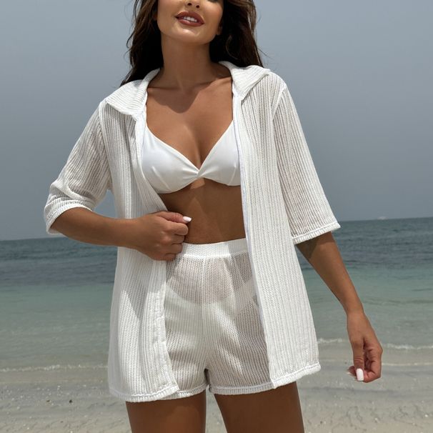 Women's Clothing Solid Color New Beach Sunscreen Mesh Shirt Shorts Four Piece Swimsuit_ecoleips.com