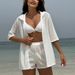 Women's Clothing Solid Color New Beach Sunscreen Mesh Shirt Shorts Four Piece Swimsuit_ecoleips.com