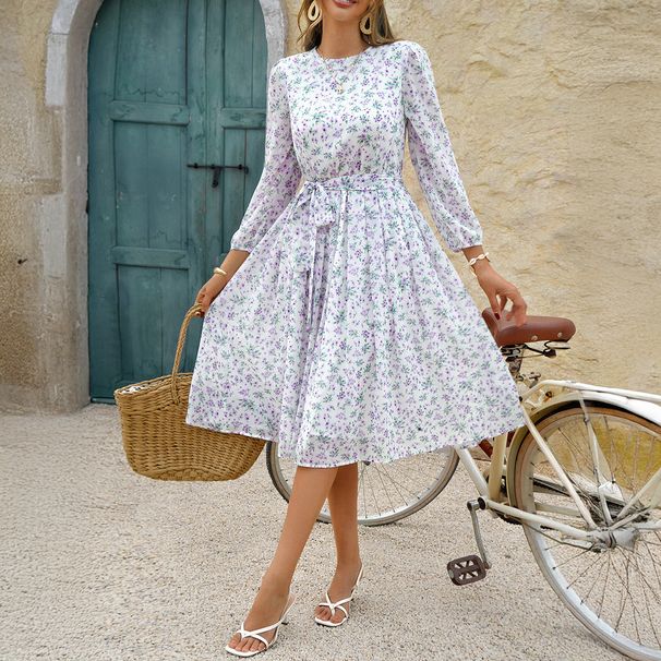 Voya Women's European And American Vacation Casual Style Floral Tie-Waist Dress For Women 2026 Spring/Summer Printed Casual Dress_ecoleips.com