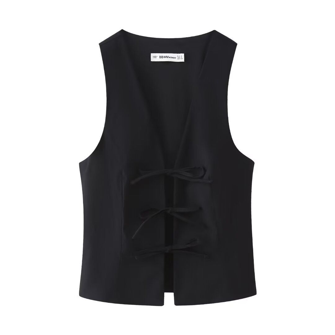 European And American Style Bow Strap Slim Vest Summer V-neck Sleeveless Top Fashion Vest_ecoleips.com