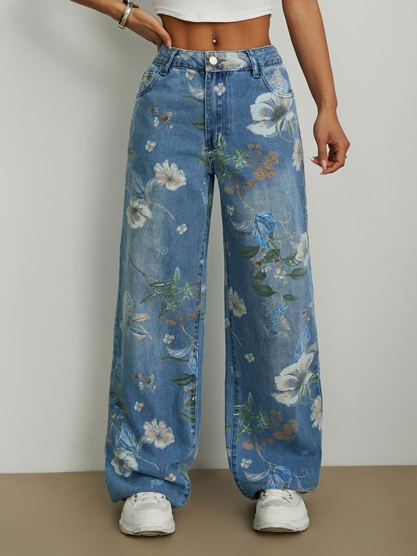 European And American Street Fashion Loose Straight Wide Leg Pants Printed Denim Trousers_ecoleips.com