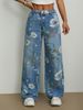 European And American Street Fashion Loose Straight Wide Leg Pants Printed Denim Trousers_ecoleips.com